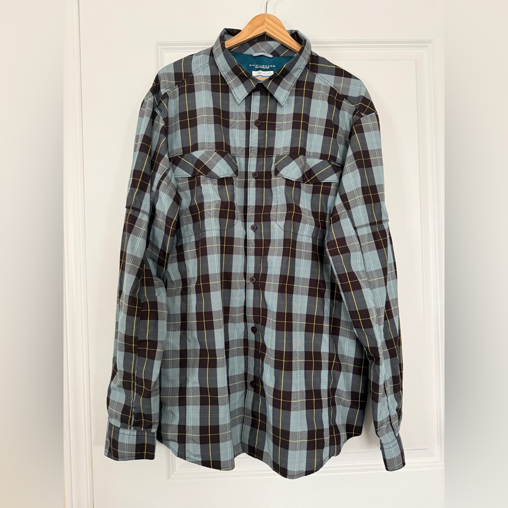 Columbia Omni-Shade Plaid Green Blue Plaid Men’s Long Sleeve Shirt Sz XL